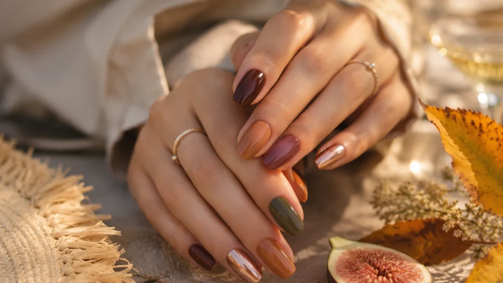 Almost fall nails in espresso brown and burgundy on a manicured hand,Transitional nail color swatches for late summer to early fall,Micro French tip nail design in copper chrome for almost fall,Muted olive green nail polish for early autumn transition
