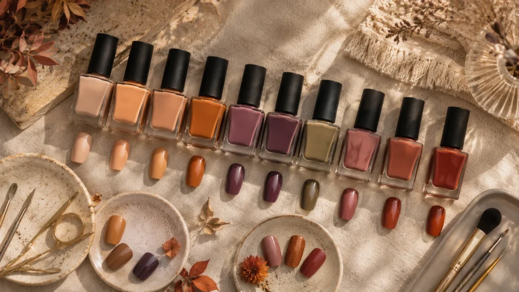 Almost fall nails in espresso brown and burgundy on a manicured hand,Transitional nail color swatches for late summer to early fall,Micro French tip nail design in copper chrome for almost fall,Muted olive green nail polish for early autumn transition

