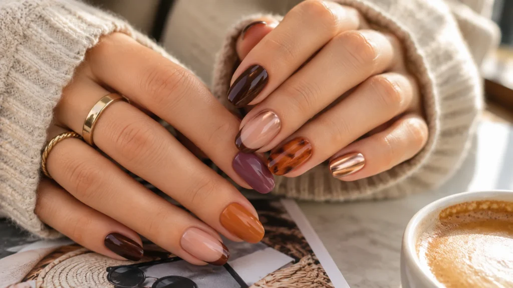 Almost fall nails in espresso brown and burgundy on a manicured hand,Transitional nail color swatches for late summer to early fall,Micro French tip nail design in copper chrome for almost fall,Muted olive green nail polish for early autumn transition

