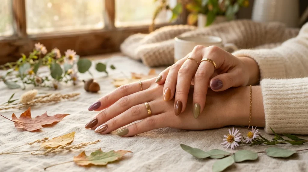 Almost fall nails in espresso brown and burgundy on a manicured hand,Transitional nail color swatches for late summer to early fall,Micro French tip nail design in copper chrome for almost fall,Muted olive green nail polish for early autumn transition

