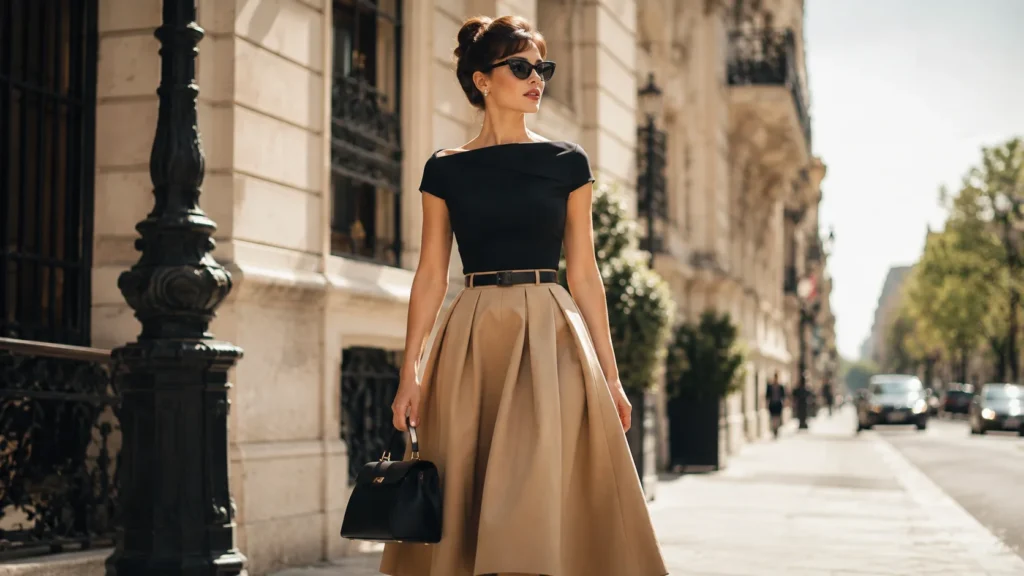 Retro chic outfit with cat-eye sunglasses and structured handbag"