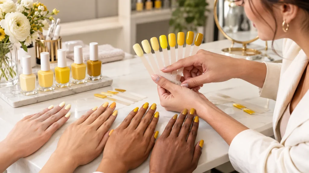 Mustard yellow nail polish swatch on medium skin tone