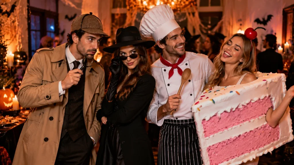 Halloween costume inspiration board with a detective, scarecrow and ghost outfit laid out on a bed