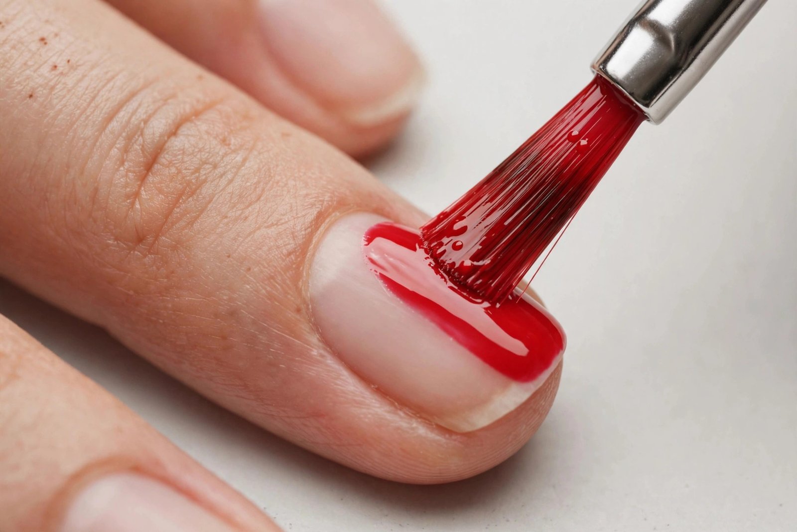 Close-up of red enamel fingernail polish being applied with a brush