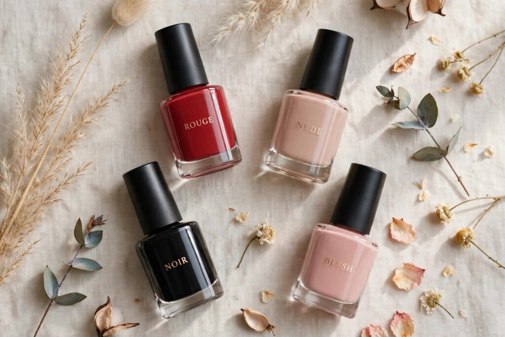 Enamel fingernail polish bottles in classic shades arranged on a light background