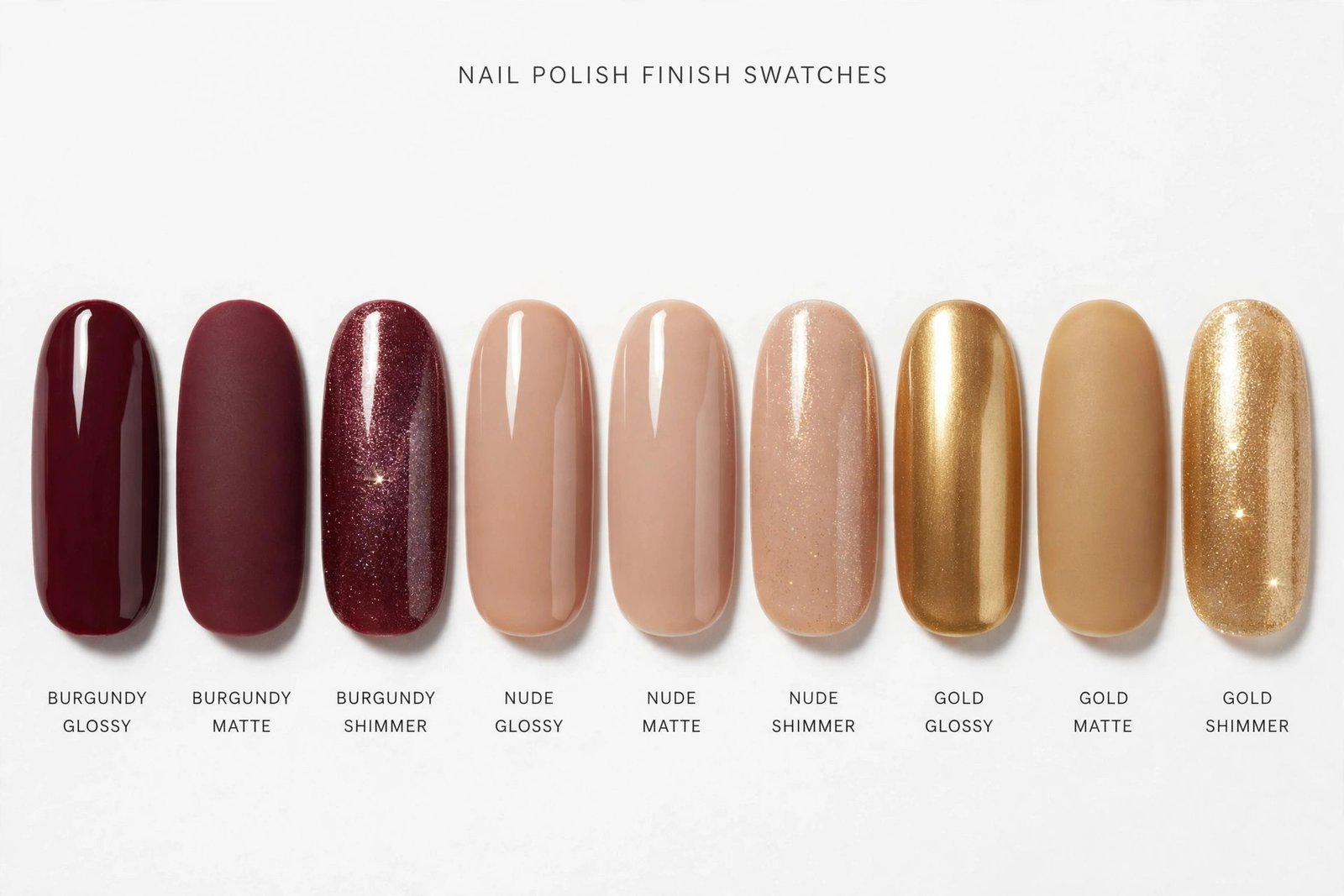 Swatches of enamel nail polish in glossy, matte and shimmer finishes
