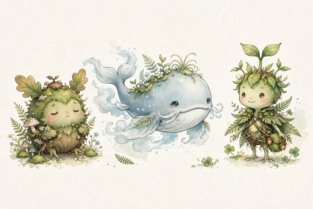 Whimsical creature character designs in the style of Joanna Shen art — cute fantasy beings inspired by nature