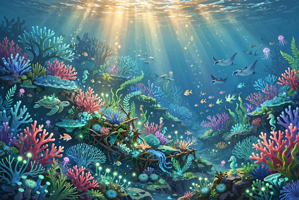 Vibrant coral forest fantasy game world artwork inspired by Joanna Shen art