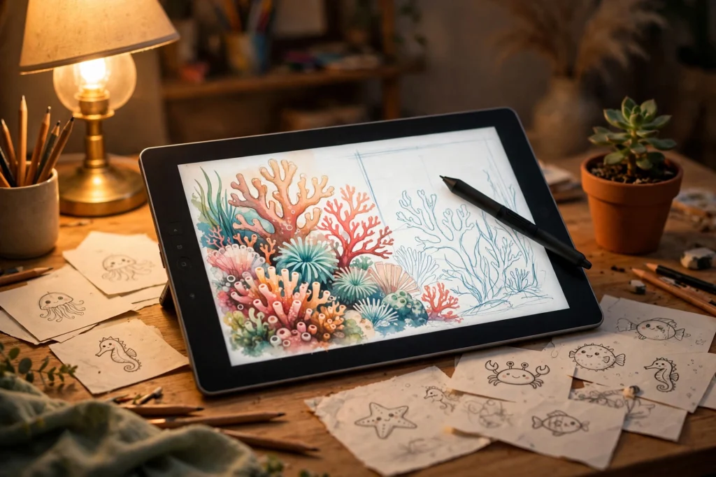 A digital artist's desk with a drawing tablet showing a coral reef illustration in progress — the creative process behind game art like Joanna Shen's