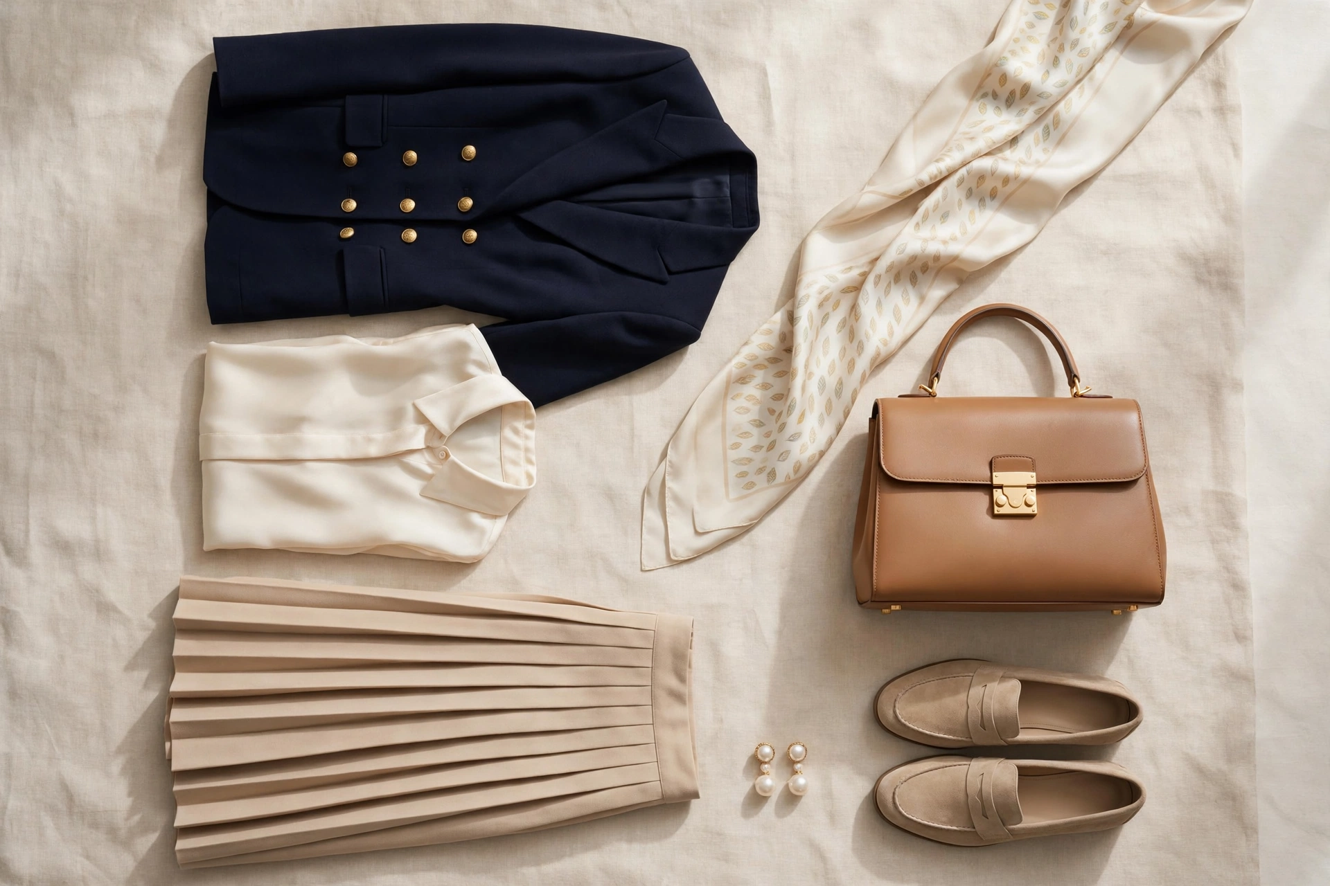 Capsule wardrobe essentials for the mature lady: blazer, silk blouse, midi skirt, loafers and handbag