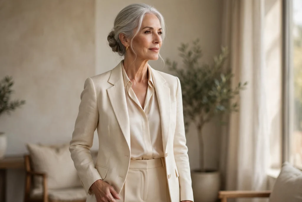 Elegant mature woman in a cream blazer — timeless style for 2027