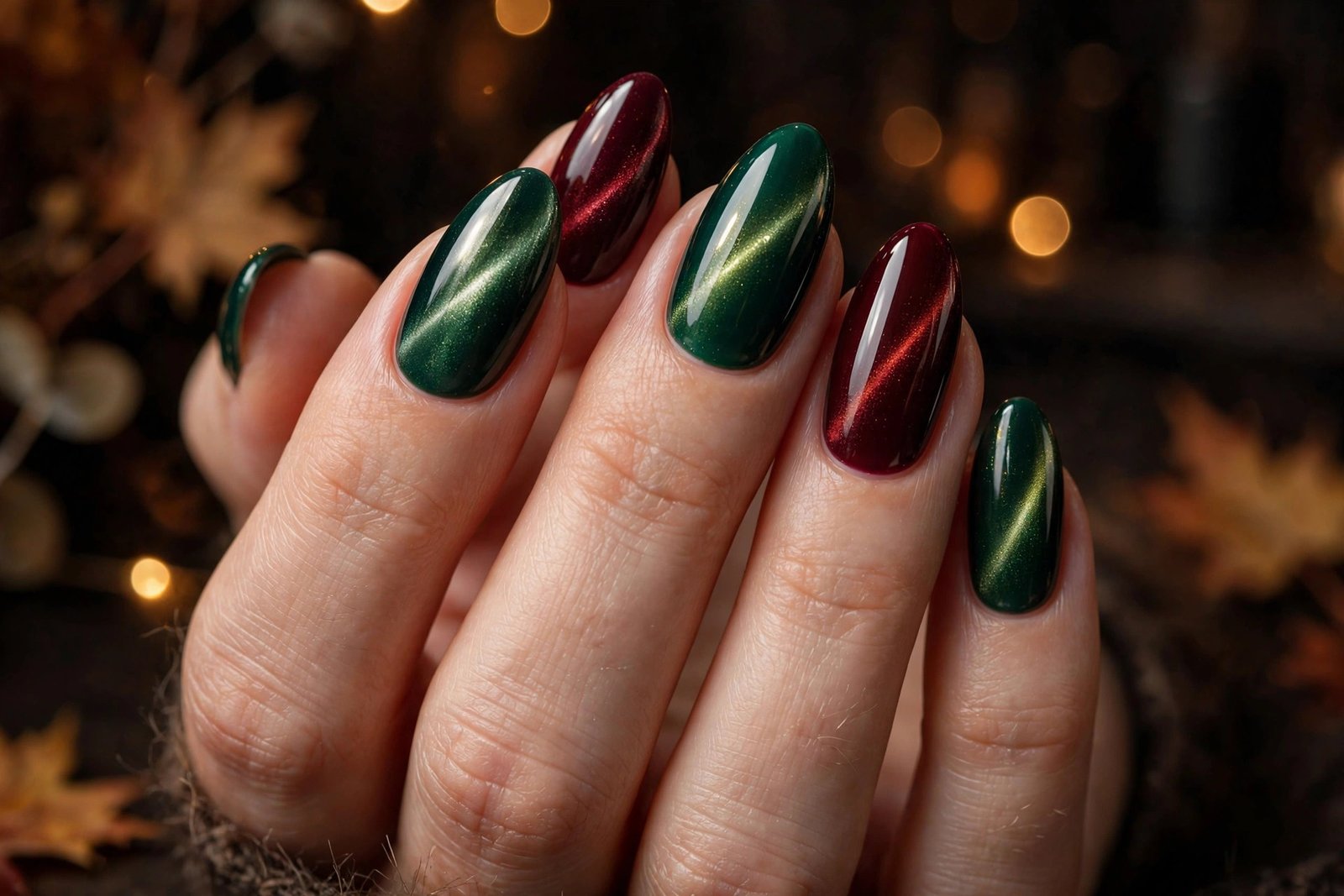 Emerald and oxblood cat-eye nail design, trending for November 2027
