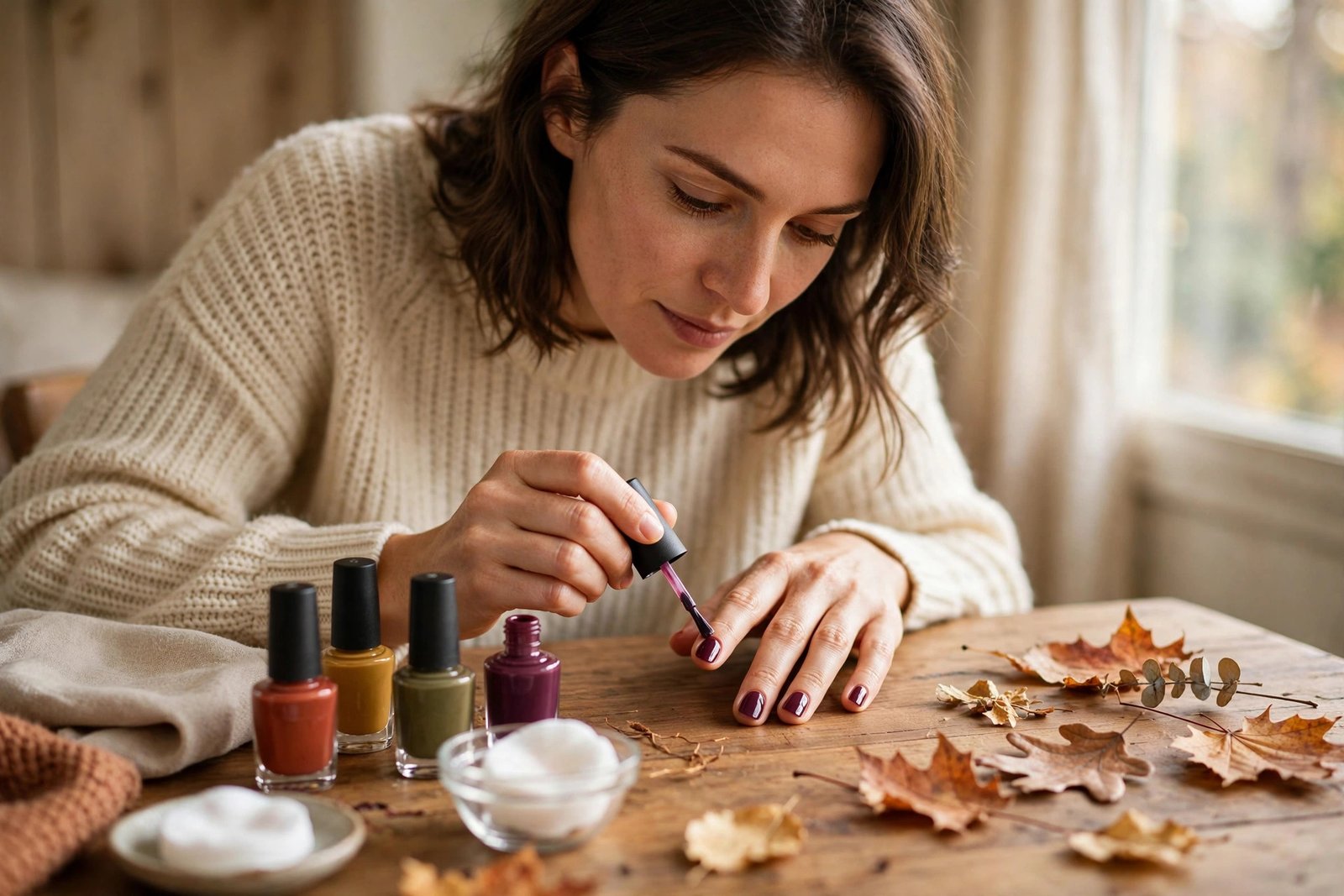 Applying deep plum nail polish at home for a DIY November manicure