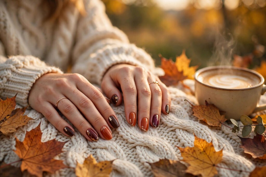 Cozy November nails 2027 manicure in chocolate brown and burgundy with autumn leaves