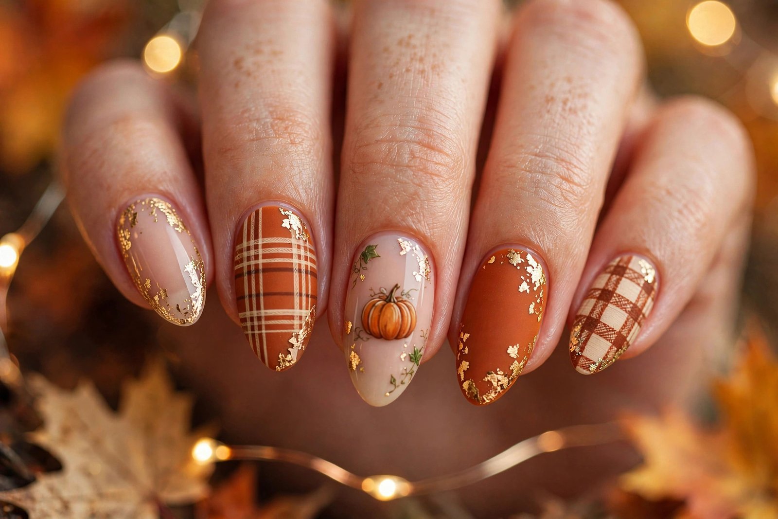 Thanksgiving nail designs 2027: pumpkin, plaid, and gold leaf nail art