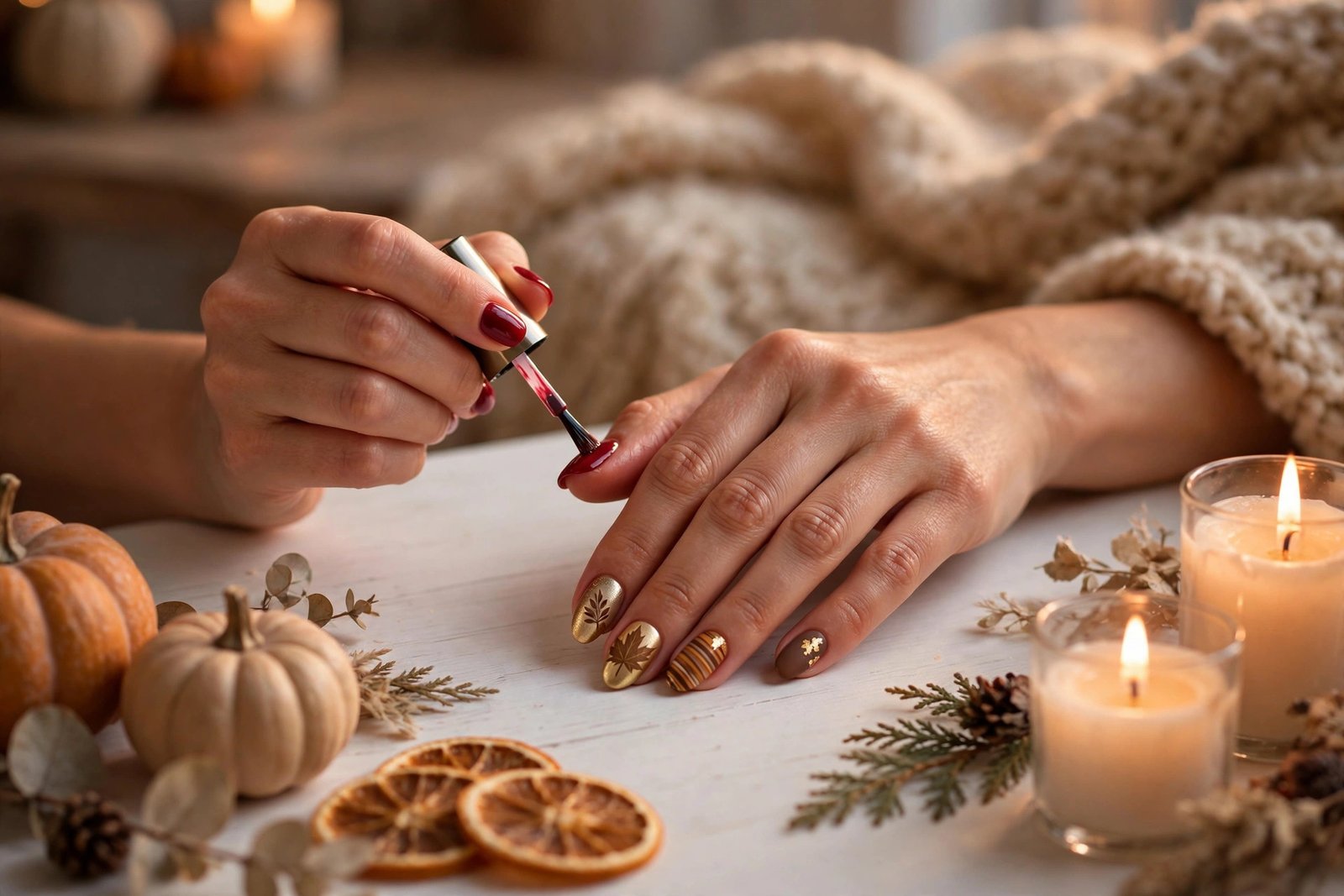 DIY Thanksgiving manicure at home with cranberry nail polish