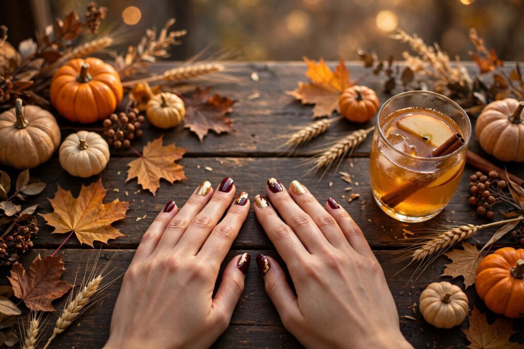 Thanksgiving nails 2027: cranberry red and gold manicure with autumn leaves and mini pumpkins